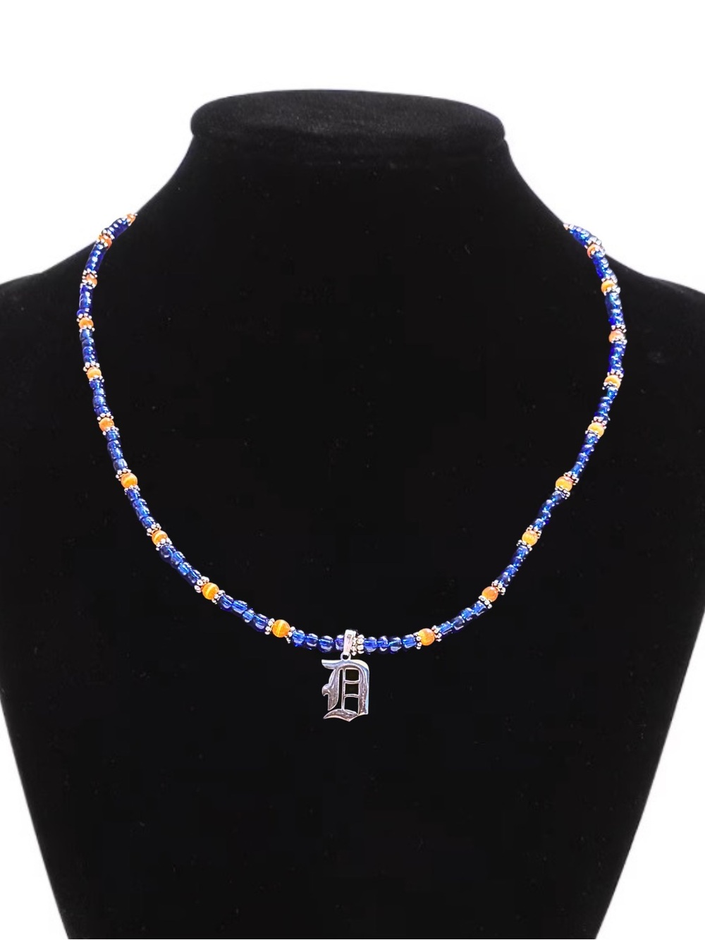 Detroit Tigers Beaded Blue and Orange 'D' Charm Necklace